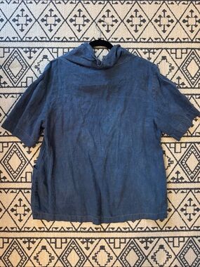 Dana Buchman Washed Indigo Short-Sleeve Linen Tunic with Cowl Neck